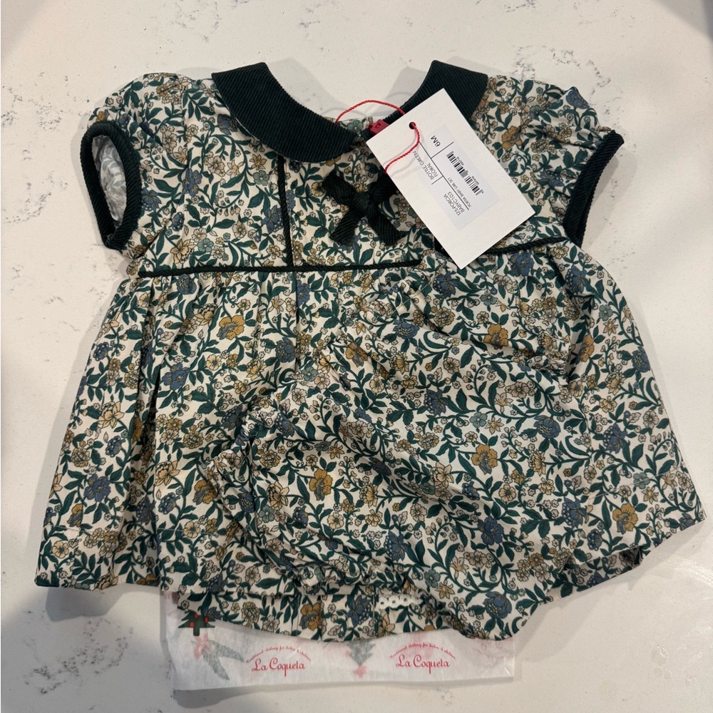 La Coqueta Bottle Green Floral Portia Baby Girl dress and bloomers set